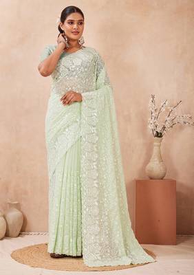 designer dusty pista resham sequins embroidery work silk blend saree 1