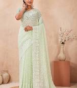 designer dusty pista resham sequins embroidery work silk blend saree