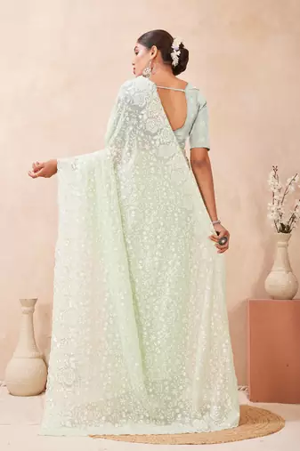 designer dusty pista resham sequins embroidery work silk blend saree