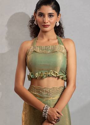 Designer pista green handwork zarkan work silk Blend saree 4