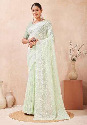designer dusty pista resham sequins embroidery work silk blend saree 3