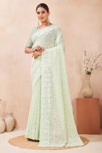 designer dusty pista resham sequins embroidery work silk blend saree