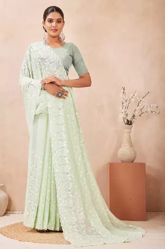 designer dusty pista resham sequins embroidery work silk blend saree