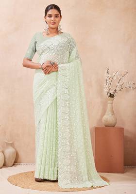 designer dusty pista resham sequins embroidery work silk blend saree 5