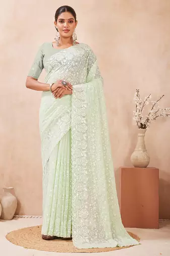 designer dusty pista resham sequins embroidery work silk blend saree