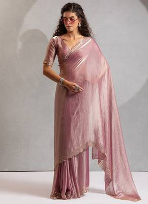 Designer pink handwork zarkan work silk Blend saree 1