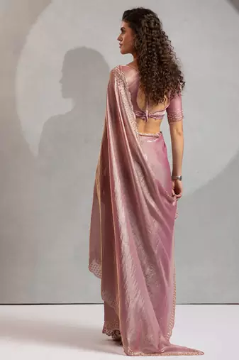 Designer pink handwork zarkan work silk Blend saree