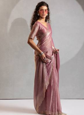 Designer pink handwork zarkan work silk Blend saree 3