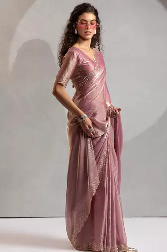 Designer pink handwork zarkan work silk Blend saree