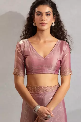 Designer pink handwork zarkan work silk Blend saree