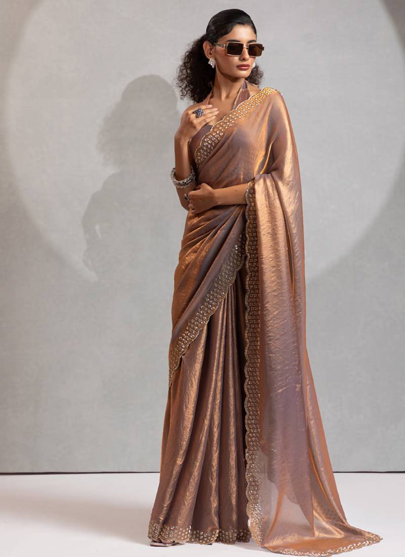 Designer grey handwork zarkan work silk Blend saree