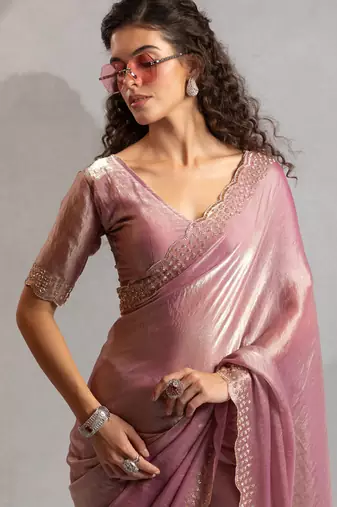 Designer pink handwork zarkan work silk Blend saree
