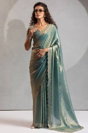 Designer ice blue handwork zarkan work silk Blend saree