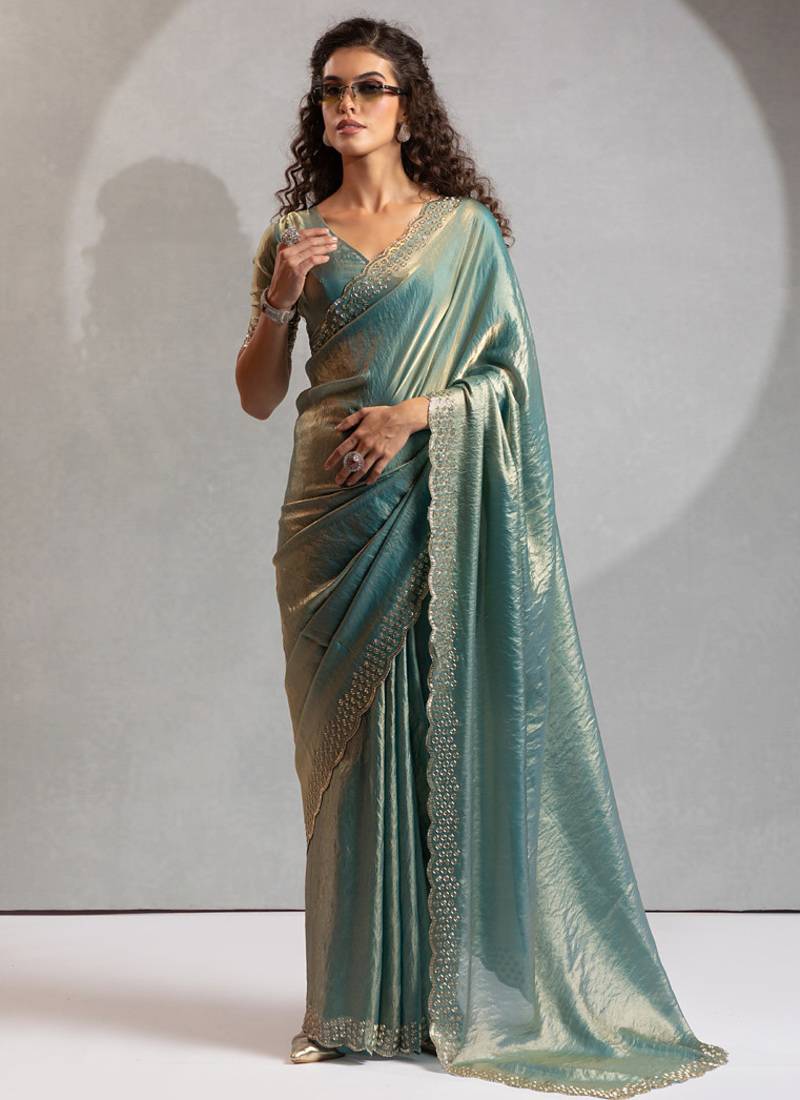 Designer ice blue handwork zarkan work silk Blend saree