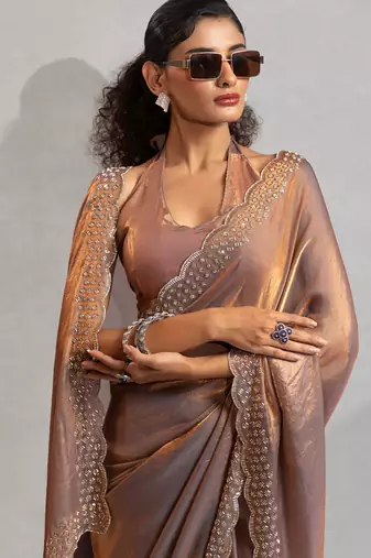 Designer grey handwork zarkan work silk Blend saree