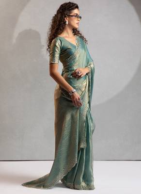 Designer ice blue handwork zarkan work silk Blend saree 3