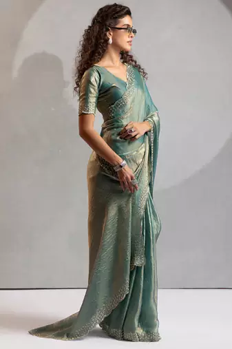 Designer ice blue handwork zarkan work silk Blend saree