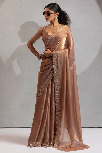 Designer golden handwork zarkan work silk Blend saree