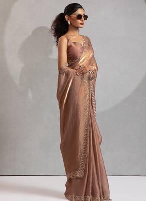 Designer golden handwork zarkan work silk Blend saree 3