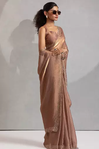 Designer golden handwork zarkan work silk Blend saree