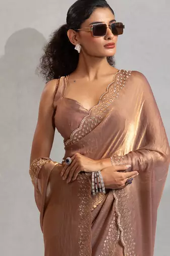 Designer golden handwork zarkan work silk Blend saree