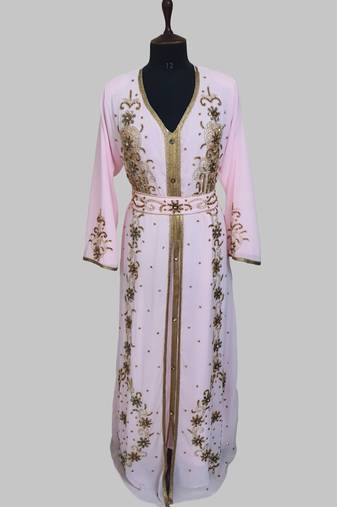 Pink Goldan stone and  Beads  Moroccan Kaftan With hijab 