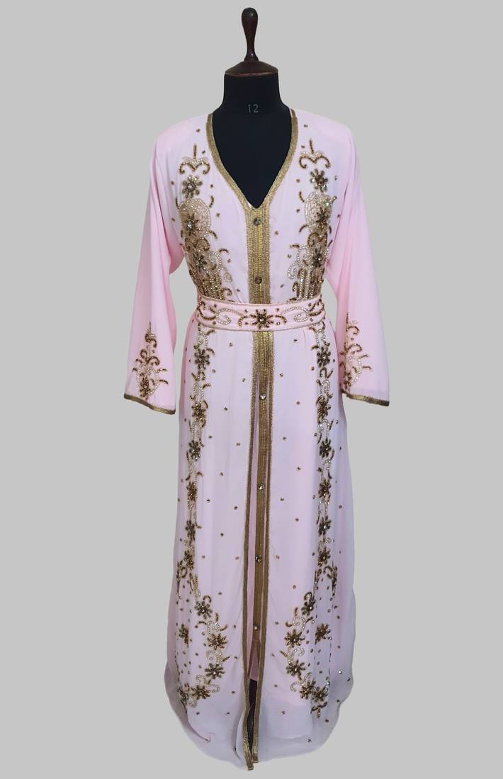 Pink Goldan stone and  Beads  Moroccan Kaftan With hijab 