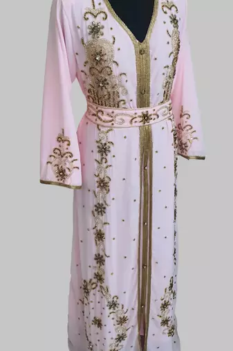 Pink Goldan stone and  Beads  Moroccan Kaftan With hijab 