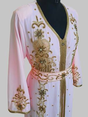 Pink Goldan stone and  Beads  Moroccan Kaftan With hijab  3