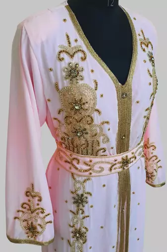 Pink Goldan stone and  Beads  Moroccan Kaftan With hijab 