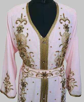Pink Goldan stone and  Beads  Moroccan Kaftan With hijab  4