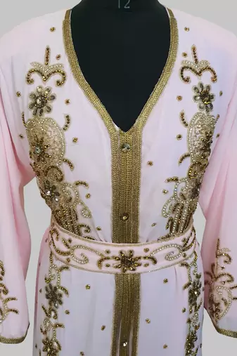 Pink Goldan stone and  Beads  Moroccan Kaftan With hijab 
