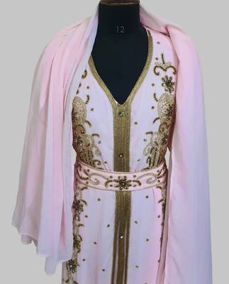 Pink Goldan stone and  Beads  Moroccan Kaftan With hijab  5
