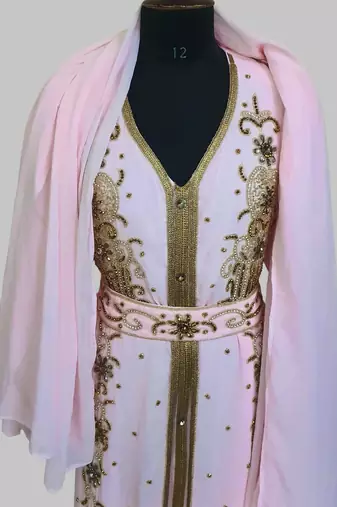 Pink Goldan stone and  Beads  Moroccan Kaftan With hijab 