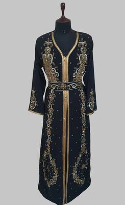 Black Goldan stone and  Beads  Moroccan Kaftan With hijab  1