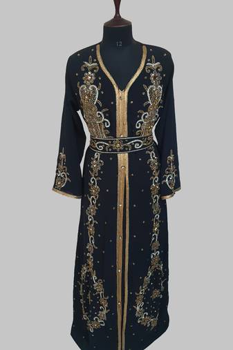 Black Goldan stone and  Beads  Moroccan Kaftan With hijab 
