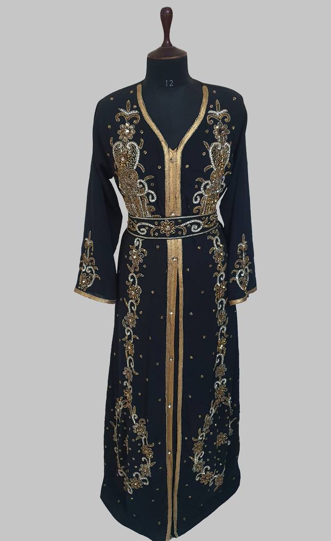 Black Goldan stone and  Beads  Moroccan Kaftan With hijab 