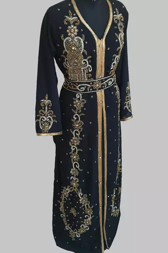Black Goldan stone and  Beads  Moroccan Kaftan With hijab 