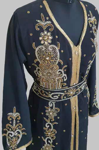 Black Goldan stone and  Beads  Moroccan Kaftan With hijab 