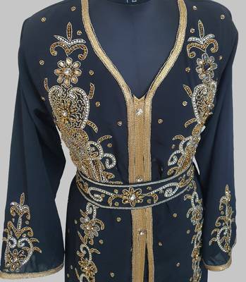 Black Goldan stone and  Beads  Moroccan Kaftan With hijab  4