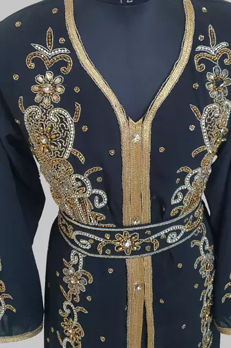 Black Goldan stone and  Beads  Moroccan Kaftan With hijab 