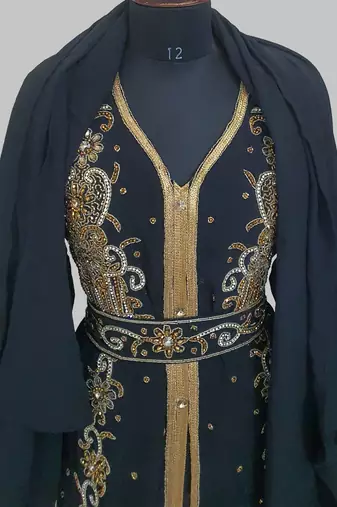 Black Goldan stone and  Beads  Moroccan Kaftan With hijab 