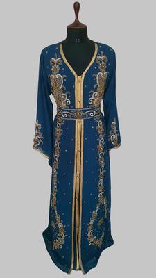 cobalt blue Goldan stone and  Beads  Moroccan Kaftan With hijab  1