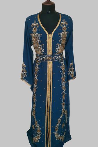 cobalt blue Goldan stone and  Beads  Moroccan Kaftan With hijab 
