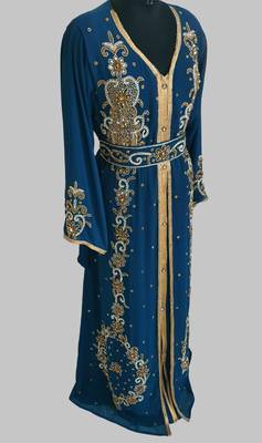 cobalt blue Goldan stone and  Beads  Moroccan Kaftan With hijab  2