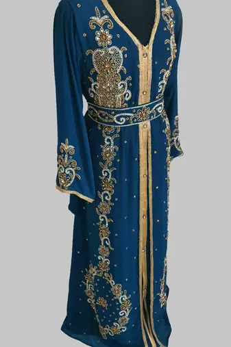 cobalt blue Goldan stone and  Beads  Moroccan Kaftan With hijab 