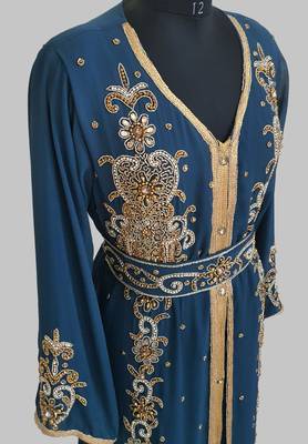 cobalt blue Goldan stone and  Beads  Moroccan Kaftan With hijab  3