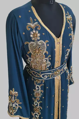 cobalt blue Goldan stone and  Beads  Moroccan Kaftan With hijab 