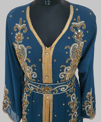 cobalt blue Goldan stone and  Beads  Moroccan Kaftan With hijab  4