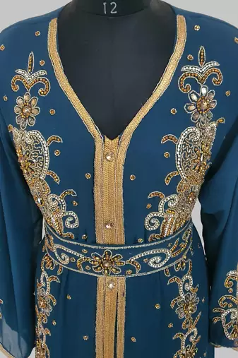 cobalt blue Goldan stone and  Beads  Moroccan Kaftan With hijab 